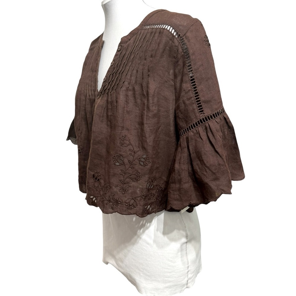 Tularosa Sherri Embroidered 100% linen Blouse in Chocolate Brown REVOLVE Sz S - Picture 3 of 8